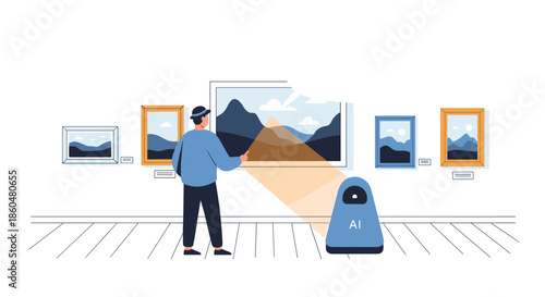Futuristic AI robot tour guide in an art gallery uses a light beam to provide information about a landscape painting to a visitor.