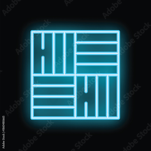 Neon sign illustrating parquet floor glowing on dark background
