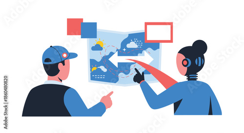 Man and a female AI robot collaborate on logistics and route planning, pointing at different paths on a large foldable map.
