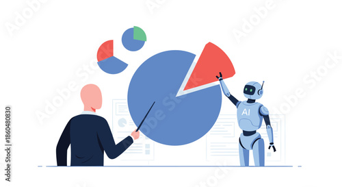 Collaboration between a human analyst and an AI robot in data visualization, jointly assembling a large pie chart for a report.