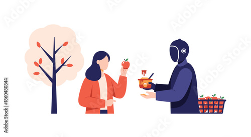 AI robot processes fresh apples into a finished product, offering a bowl to a woman, symbolizing food processing or value-add.