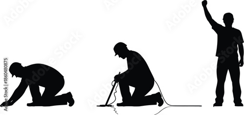 Construction workers silhouettes showing progress stages kneeling welding and success pose isolated black vector illustration for industrial teamwork concept