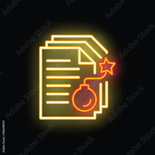 Glowing neon bomb icon endangering confidential files, highlighting the importance of data protection in the digital age