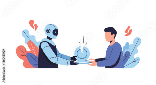 A person and an AI robot working together to mend a broken plate, symbolizing collaboration in problem-solving and system repair.