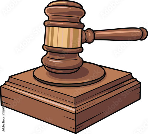 Court gavel illustration, wooden judge hammer symbol, legal justice concept, law auction authority icon, cartoon vector, isolated white background, design