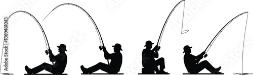 Fishing activity silhouettes showing anglers casting rods and catching fish isolated black vector illustration for sport recreation outdoor hobby concept