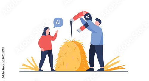 Man and woman using a large magnet with AI branding to find a needle in a haystack, representing collaborative problem-solving.