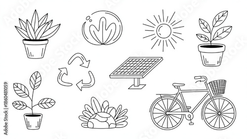 Hand-drawn eco-friendly icons including plants solar panel bicycle and sun representing sustainability and nature for environmental concepts