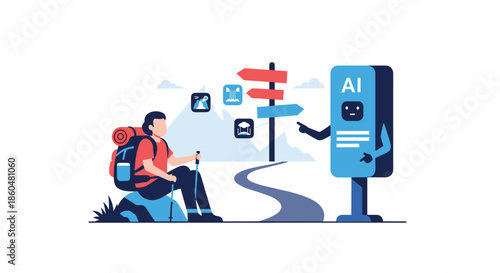 Hiker sitting on a rock at a crossroads consults an AI-powered signpost for directions and travel recommendations.