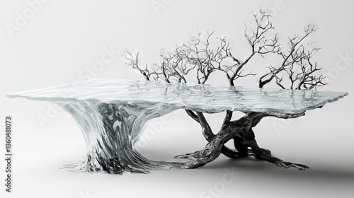 Splashing Water Tree Sculpture. Dynamic Liquid Art and Abstract Droplets on White.