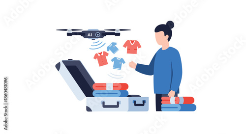 Woman packing a suitcase with help from an AI-powered drone that sorts and suggests clothing items for her trip wirelessly.