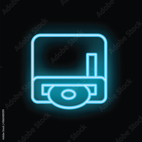 Glowing blue neon icon of a computer diskette being inserted into a floppy disk drive, on a black background