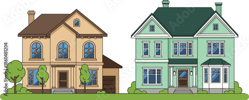 Suburban family house illustrations with different architectural styles and gardens for real estate