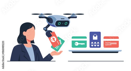 An AI drone with a robotic arm delivers travel cards and keys to a businesswoman, symbolizing automated and personalized service.