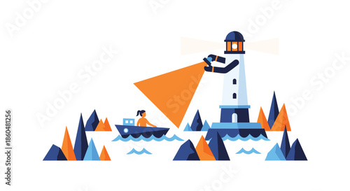 A helpful lighthouse with robotic arms shines a light to guide a woman in a small boat through a rocky sea at night.