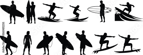 Set of black surfer silhouettes, man holding board, riding big waves, active summer water sport, cad drawing flat vector illustration.