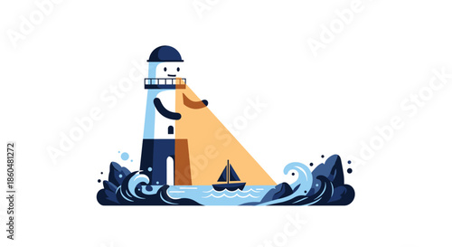 Friendly cartoon lighthouse character shining a beam of light to guide a small sailboat safely through a stormy, wavy ocean at night.