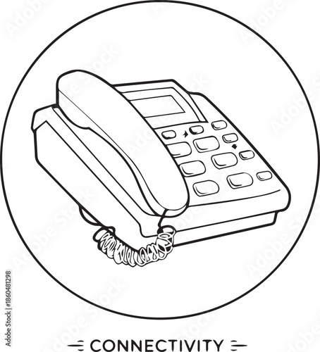 Connectivity icon with landline telephone, coiled cord, keypad, and circular badge in black silhouette