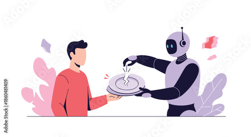 An AI robot places a cracked piece back onto a plate held by a person, symbolizing AI's role in data recovery and restoration.