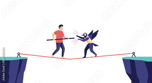 Man carefully walking a tightrope over a chasm is confronted by an aggressive bird-like creature, a metaphor for facing fears.
