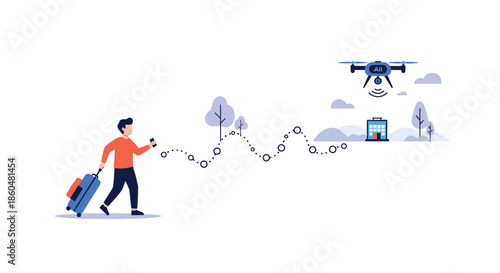 Man with luggage following a path to his destination guided by an AI-powered drone, illustrating futuristic navigation and travel.