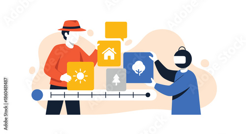 Human and an AI robot collaborating to arrange icon blocks on a project timeline, illustrating creative planning and scheduling.