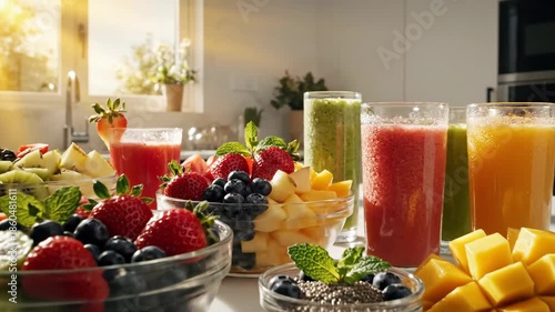 4K Delicious Variety of Fresh Fruit Bowls and Smoothies in Modern Kitchen