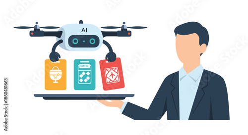 A helpful AI drone serves a businessman a platter of travel booking cards for hotels, flights, and activities with ease.