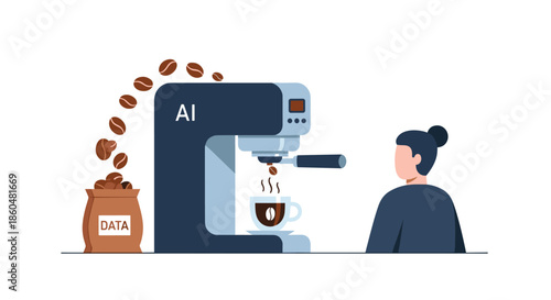 Woman watches an AI-powered coffee machine turn a bag of raw data into a perfectly brewed cup of coffee, symbolizing data processing.