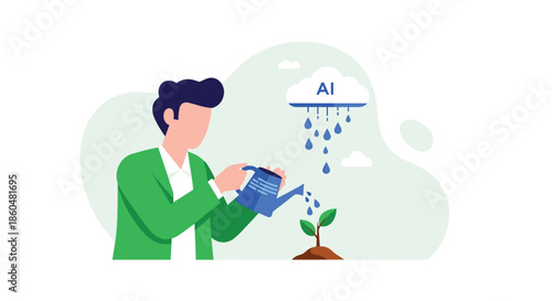 Man watering a new plant sprout with water from an AI cloud, a metaphor for business growth nurtured by artificial intelligence data.