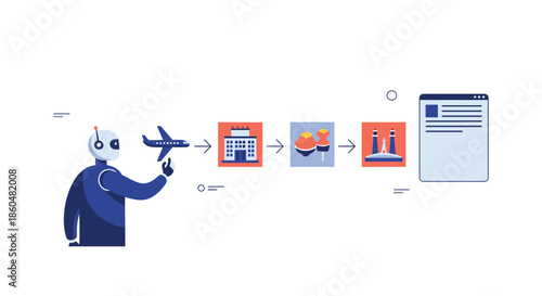 An AI robot plans a complete travel itinerary, showing a logical flow from airplane to hotel, sightseeing, and content creation.