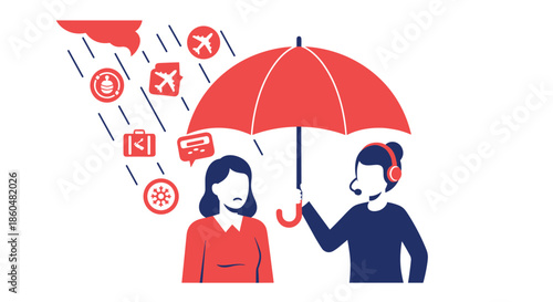 Customer service agent with a headset protects an upset woman with a large umbrella from a rain of travel-related problems.