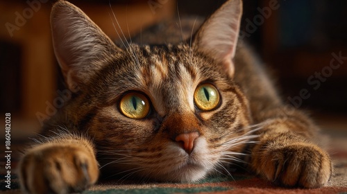 Wallpaper Mural A close-up portrait of a cat lying down, with an amazing gaze. The cat shows a relaxed posture and is captured with great detail Torontodigital.ca