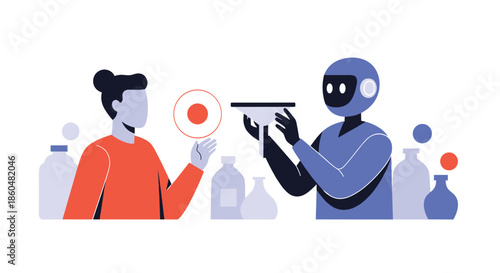 AI robot assists a person with chemical formulation or data filtering by using a funnel to process and separate substances.