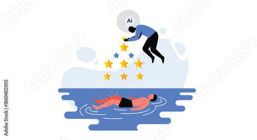 Person relaxing in water while an AI from a thought bubble jumps down to provide a five-star rating or dreamlike experience.