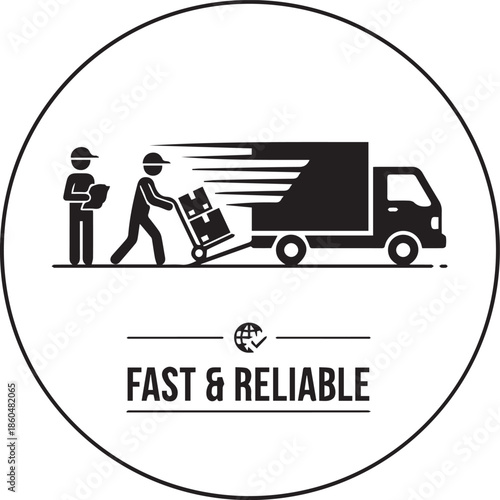Fast and reliable delivery icon with workers, hand truck, boxes, and truck in black silhouette badge