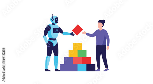 An AI robot and a person collaborating to build a pyramid of colorful blocks, representing teamwork and structured development.
