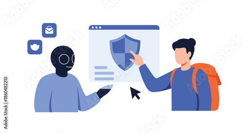 Man and an AI bot collaborating on cybersecurity, pointing at a digital shield icon on a web browser for online data protection.
