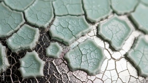 Abstract artwork featuring fractured seafoam glaze silver reveal patina with controlled shatter macro composition