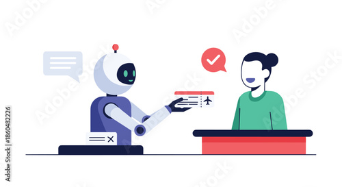Friendly robot assistant at a counter provides a flight ticket to a happy customer, representing efficient automated booking service.