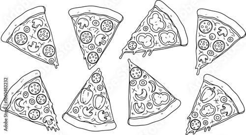 Nine cartoon pizza slices with funny facial expressions and arms isolated