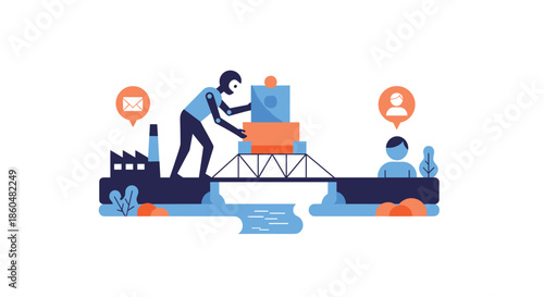 AI robot building a bridge to connect a factory with a customer, symbolizing AI's role in bridging production and communication.