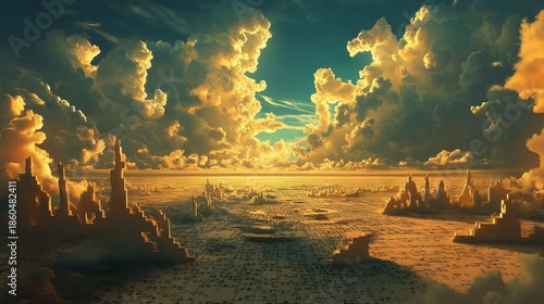 Golden Hour Panorama over Mystical Cityscape