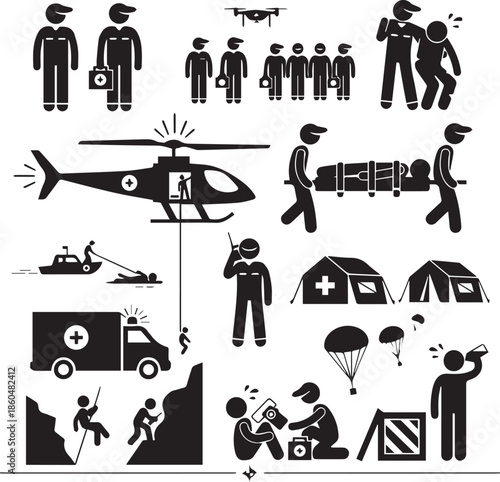 Emergency rescue icon set with helicopter, stretcher, drone, boat, radio, and aid tents in black design