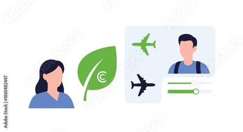 Woman considering her carbon footprint for travel, using a digital interface to choose between eco-friendly and standard flight options.