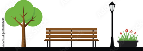 Urban park scene illustration with bench tree street lamp and flowers for city landscape and public space concepts isolated on white background vector design