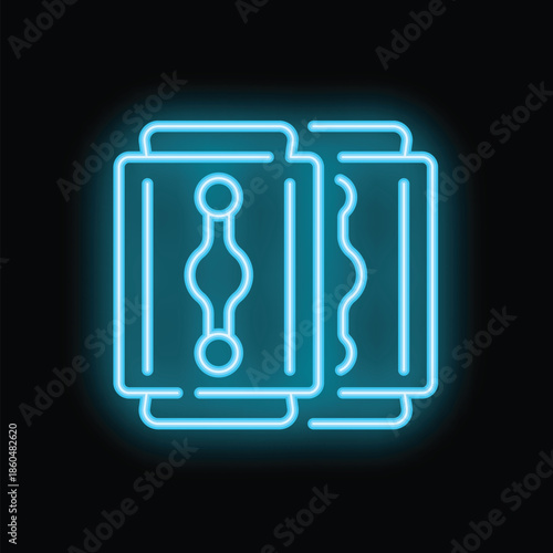 Bright blue neon icon of a double edged razor blade glowing on a black background