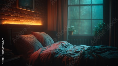 Cozy Bedroom Interior with dim light and calming aesthetic. A comfortable bed sits in a room with a large window and gentle glow lighting. It creates a serene and inviting atmosphere.