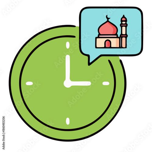 Essential graphic icon depicting a clock and mosque, symbolizing daily Islamic prayer time reminders, spiritual observance, and mindful routines