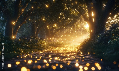 Mystical forest path illuminated by soft moonlight, the ground shimmering with dew, creating an ethereal glow in the silent night.